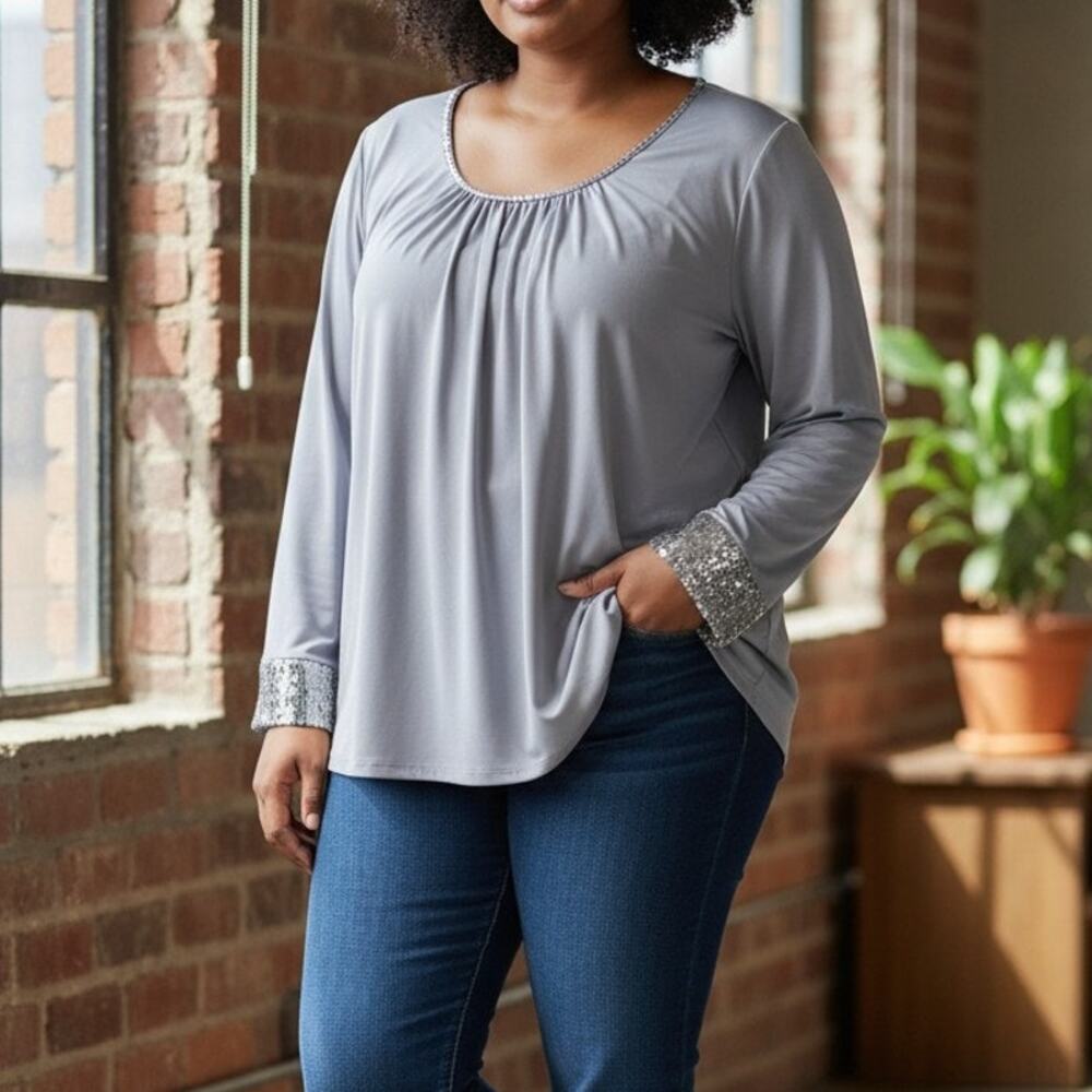 apostrophe Womens Gray Long Sleeve Blouse Scoop Neck Festive Size 20-22W
